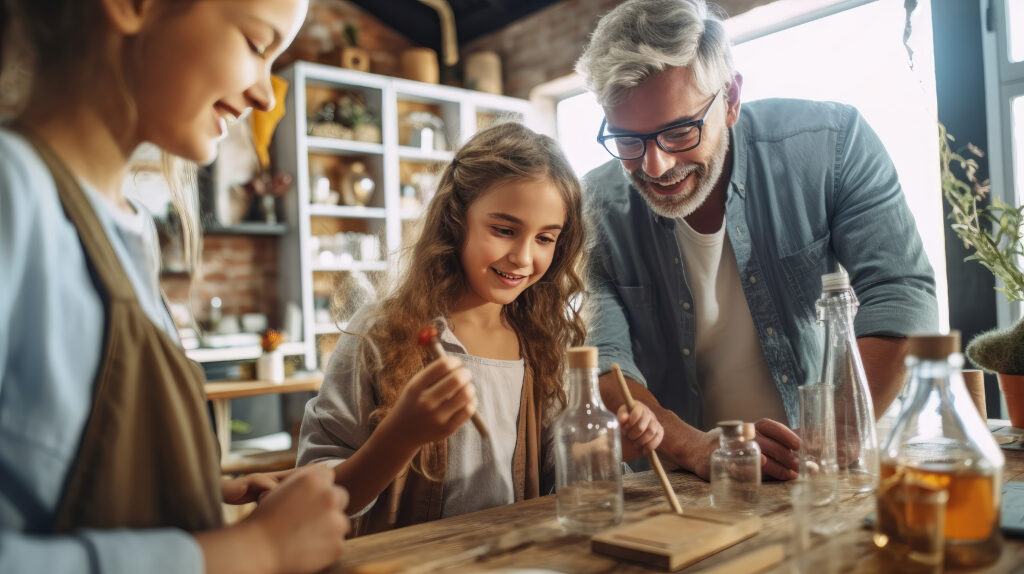 High school student girl conducting science experiment in kitchen